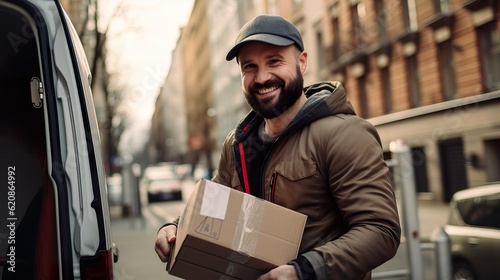 Cheerful Moment of Urban Hustle: Dedicated Delivery Driver Unloading Packages. Generative AI. © Dangubic