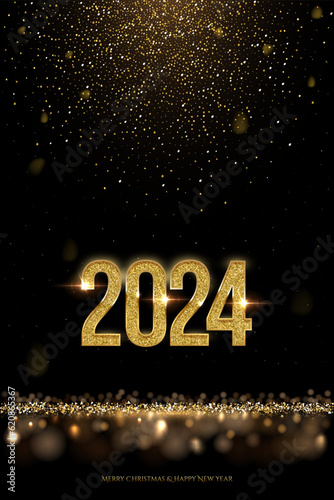 2024 Happy New Year vector banner vector template. Winter holiday, christmas congratulations. Festive postcard, luxurious greeting card concept. 2024 number with golden glitter illustration