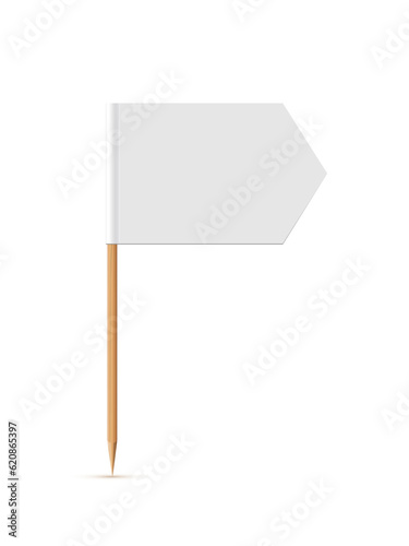 White flag on wooden toothpick. Paper topper for cake or other food isolated on white background. Blank mockup for advertising and promotions, location mark, map pointer