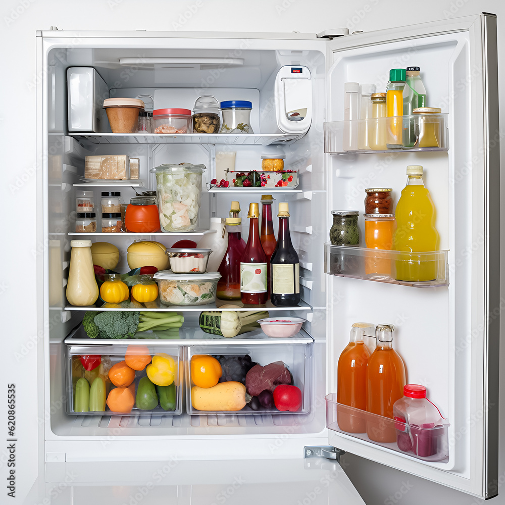 White fridge with fruits and vegetables. - obrazy, fototapety, plakaty 