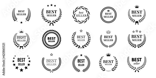 Best seller award stamps set, badges with black text and laurel leaves, crown, stars
