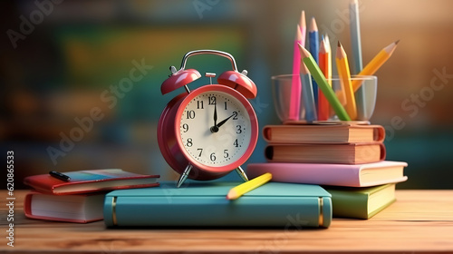 Back to school with red alarm clock and typography black chalkboard background. Generative Ai