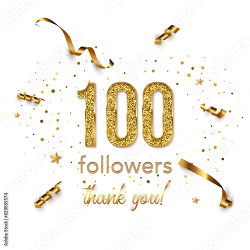 100 followers celebration square vector banner. Social media achievement poster. One hundred followers thank you lettering. Golden sparkling confetti ribbons. Shiny gratitude text on white backdrop
