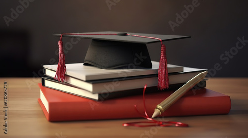Ceremony graduation plain background books graduation cap and diploma 3d render. Generative Ai