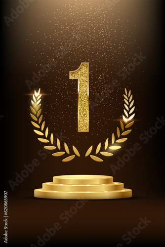 Winners podium with golden number one and laurel wreath with glitter light effect vector illustration. 3D realistic gold confetti and illumination fall on pedestal to celebrate first place of champion