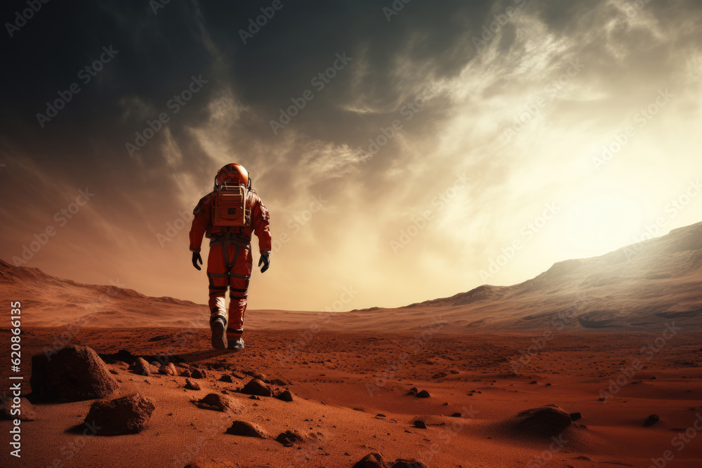 Astronaut in space suit walking on alien red planet or Mars