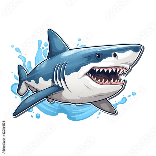 Shark 2D flat cartoon sticker. The illustration shows sharp shark teeth and predatory symbols. 