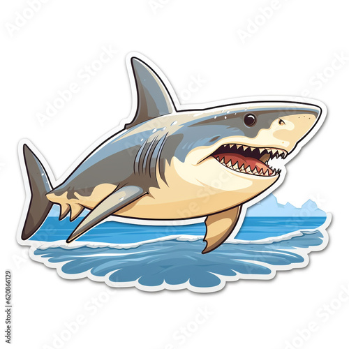 Shark 2D flat cartoon sticker. The illustration shows sharp shark teeth and predatory symbols. 