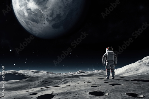 Astronaut in space suit walking on Moon surface