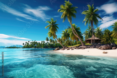 Beautiful tropical beach with white sand  palm trees  turquoise ocean against blue sky with clouds on sunny summer day