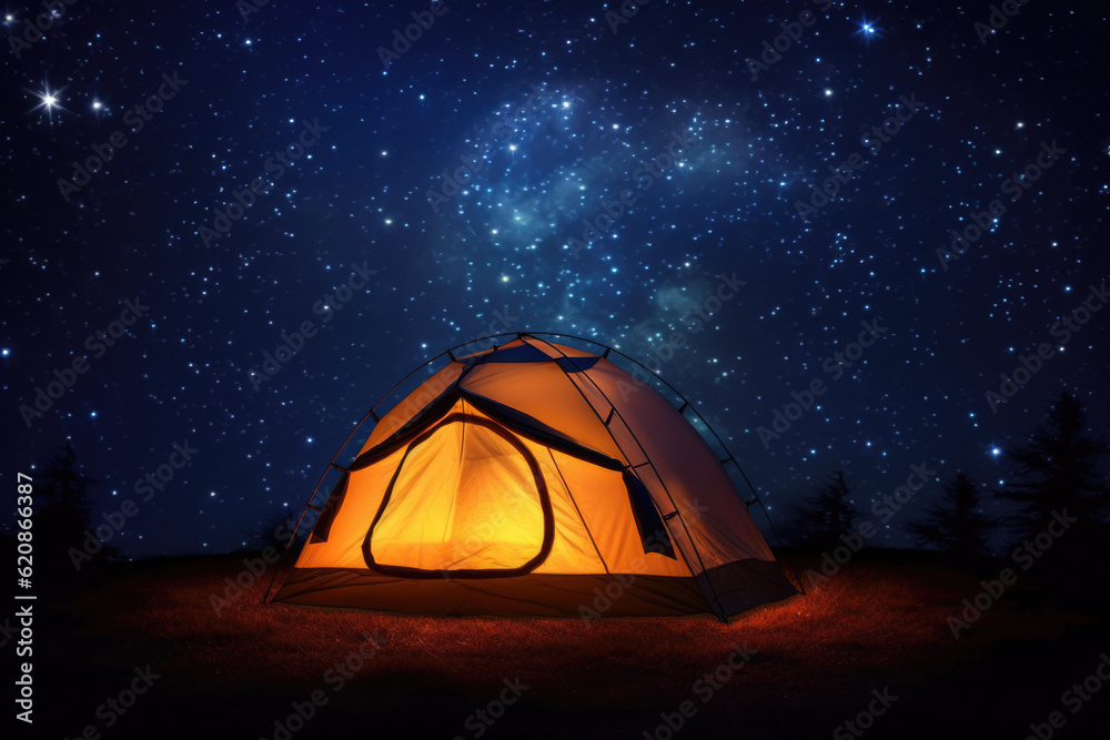 A pitched tent under the glowing night sky stars of the milky way Stock ...