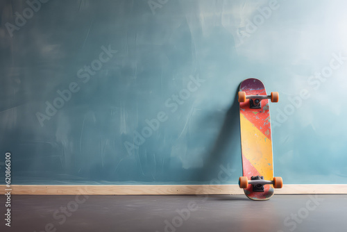 A wooden skateboard on a studio dark blue blank background. Banner template with copy space for text. Generative AI professional photo imitation.