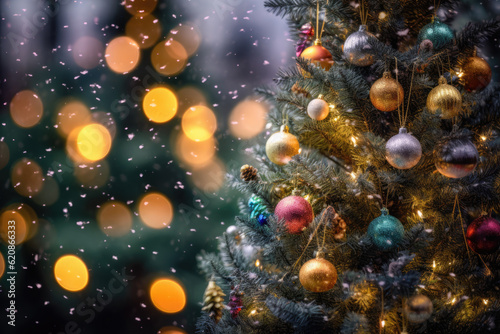 Festively decorated Christmas tree on blurred golden sparkling fairy background