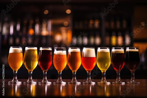 Fototapeta Glasses with different sorts of craft beer on wooden bar
