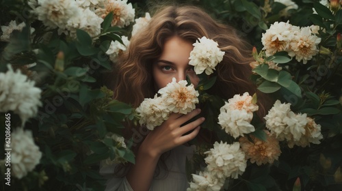 A young woman is gently obscured by a bounty of flowers, in a casual photo style that conveys a serene sense of eco-friendly living and respect for nature. Generative AI