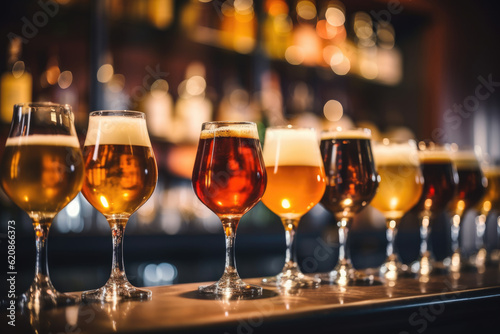 Glasses with different sorts of craft beer on wooden bar