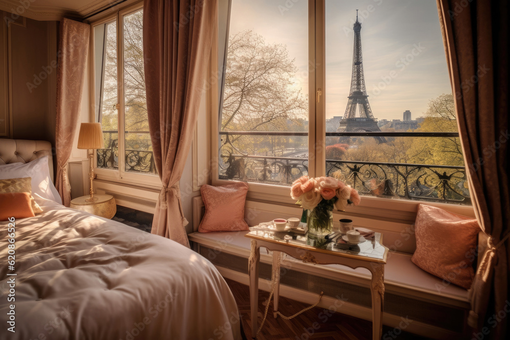 Fototapeta premium Interior of beautiful bedroom of a hotel or apartment condominium with beautiful views of Paris cityscape