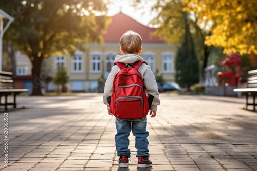 Small kid with backpack going to school for the first time. Back to school concept photo