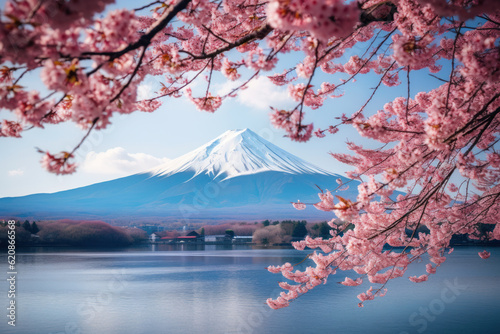 Beautiful spring season and Mountain Fuji with pink cherry blossom flowers at lake Kawaguchiko in Japan