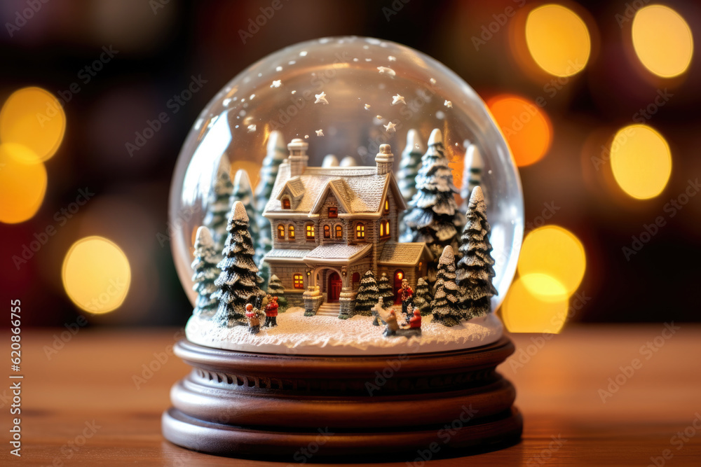 Christmas village in snow globe with golden lights in the background Christmas village in snow globe with golden lights in the background