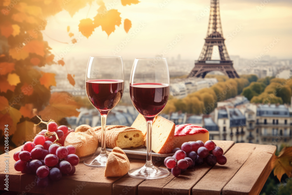 Two glasses of red wine on a table of romantic cafe or restaurant with view to Eiffel tower in Paris, France