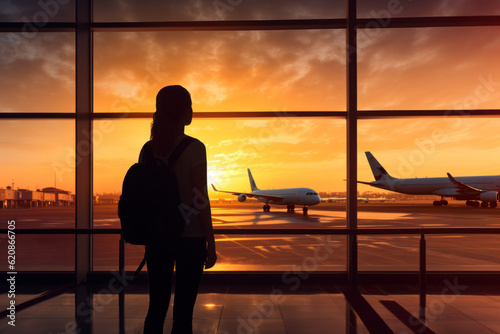 Silhouette of young woman in the airport, looking through the window at planes