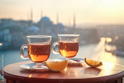 Two Turkish glasses in form of a tulip filled with hot black tea with view to the roofs of Istanbul, Turkey