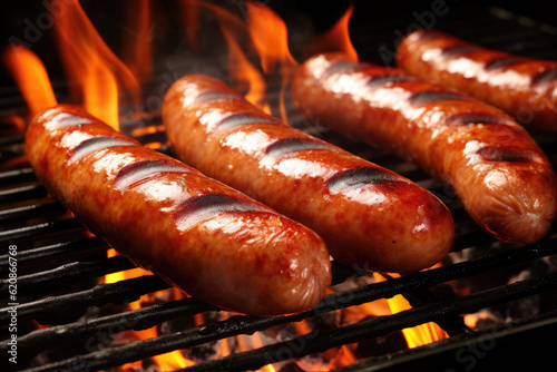 Sausages on the grill with flames