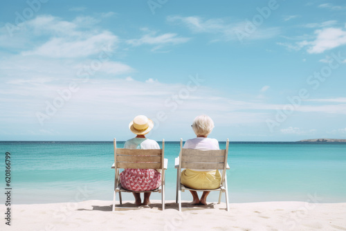 Two senior women in loungers on a tropical white sand beach © Ekaterina Pokrovsky