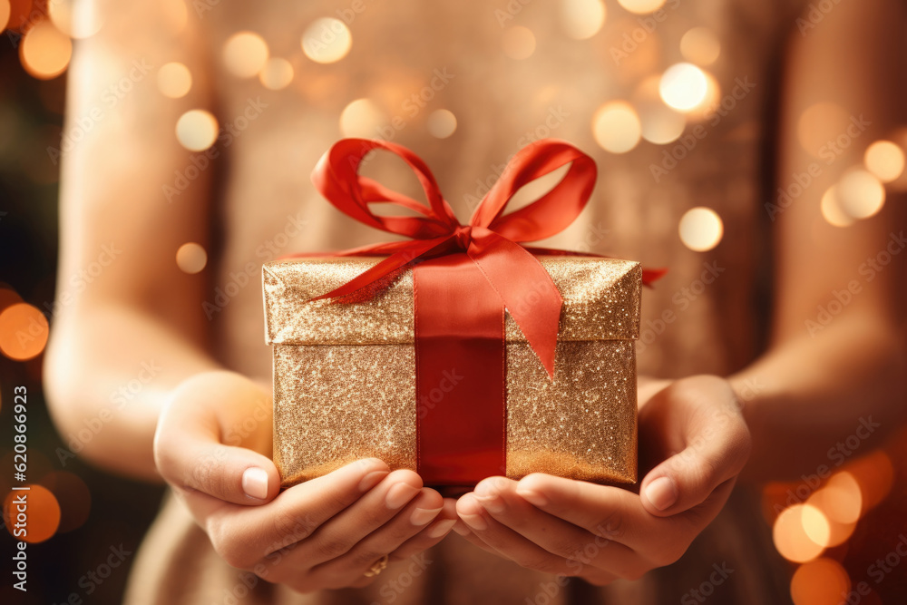 Closeup of woman hands holding Christmas present Closeup of woman hands holding Christmas present