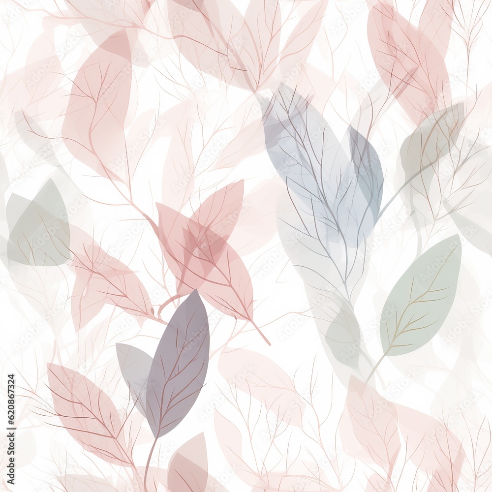 Minimalistic spring leaves with pastel pinkish colors. Seamless pattern for fabrics creation, web design.