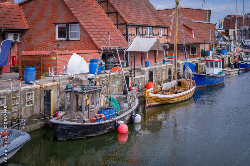 some old fishing boats are located in Wismar harbor