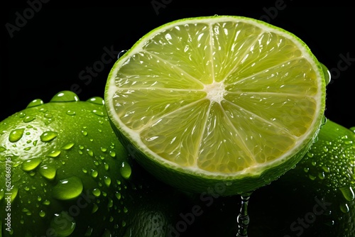 fresh and wet lime close up with a black background. Generative AI