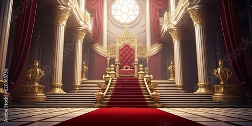 Red carpet leading to a king thrones inside of the palace castle. Generative AI.