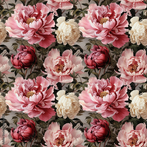 Watercolor illustration: seamless colorful pattern of peony flowers with leaves. Generative ai. Vintage botanical pattern in oriental style.