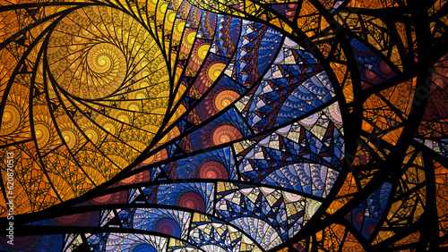 Abstract spiral fractal art background in blue and gold  like stained glass or looking through a kaleidoscope.