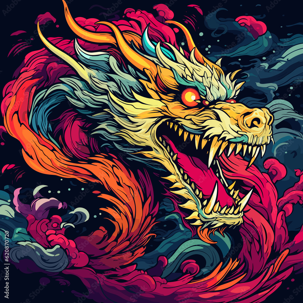 A scary and terrible dragon in pop art style. AI generated
