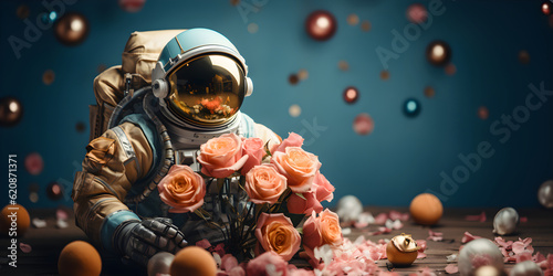 Astronaut florist created a bouquet of roses in a flower shop, man in a space suit with flowers on the background of holiday decorations, copy space, generated ai