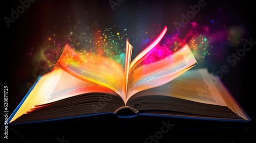 Opened magic book realistic image with bright sparkling light rays. Generative Ai