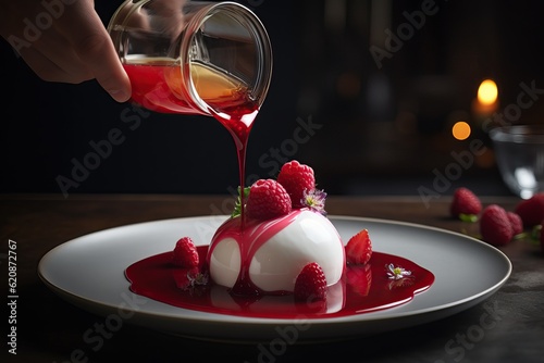 A delicious cream dessert covered with berry sauce, decorated with raspberries. The chef pours the sauce over the dessert. A great evening meal in the restaurant. Generative AI
