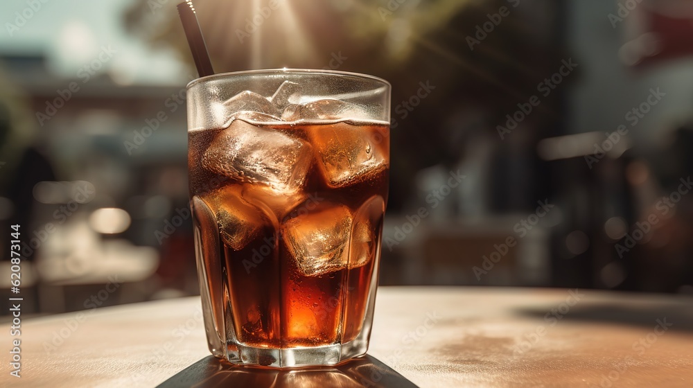 a glass of cola with ice on a table on a hot sunny day with blurred background. generated ai a glass of cola with ice on a table on a hot sunny day with blurred background. generated ai