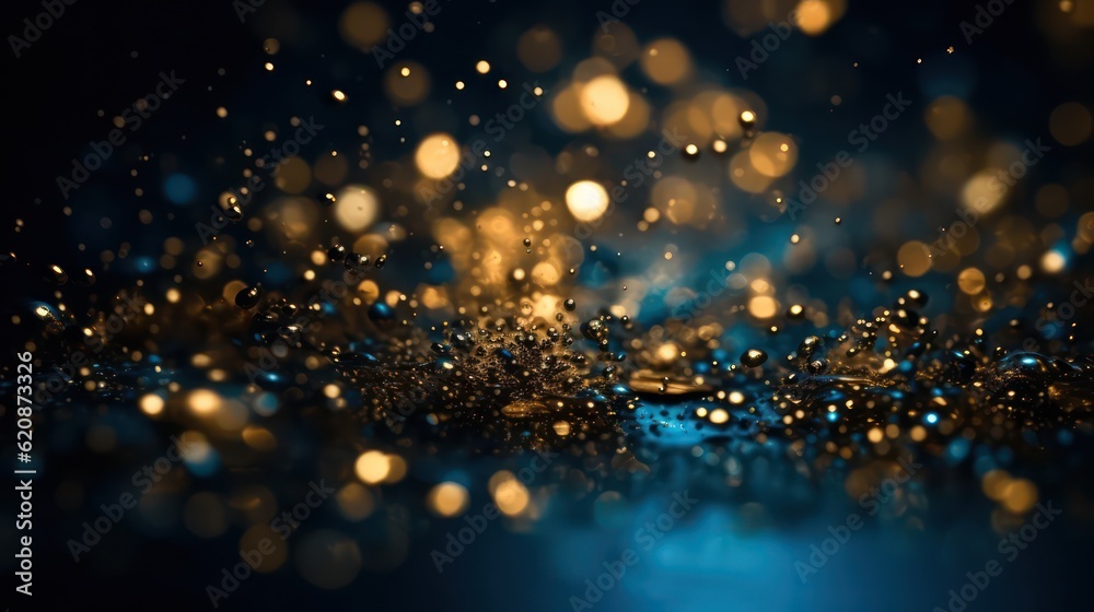 Naklejka premium Hintergrund, abstrakt, blau, gold, Partikel in Bewegung, bokeh Generative AI