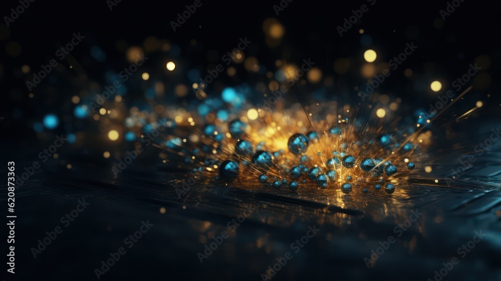Naklejka premium Hintergrund, abstrakt, blau, gold, Partikel in Bewegung, bokeh Generative AI