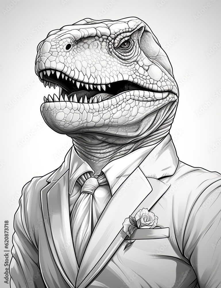 A drawing of a t-rex wearing a suit and tie. Generative AI. A drawing of a t-rex wearing a suit and tie. Generative AI.