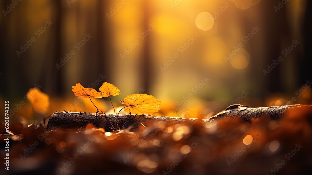 close up falled leaves on ground with sunlight and bokeh, peaceful Autumn and fall season foliage wallpaper background, Generative Ai
