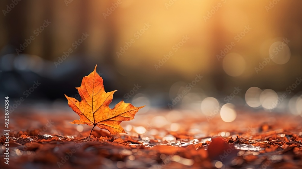  close up maple leaves on ground with sunlight and bokeh, peaceful Autumn and fall season foliage wallpaper background, Generative Ai