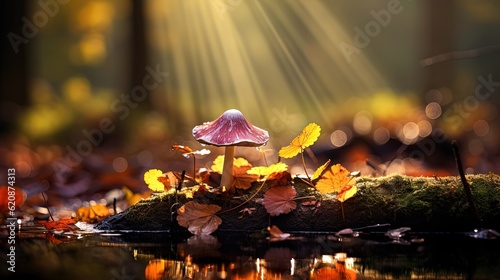 close up leaves  and mushroom grow on ground with sunlight and bokeh  peaceful Autumn and fall season  foliage wallpaper background  Generative Ai