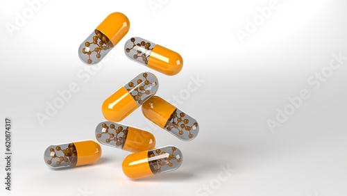 A group of antibiotic pill orang capsules falling. Healthcare and medical 3D illustration background.