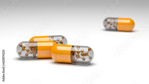 Group of orange capsules with molecules on white background. Medical 3D rendering illustration.
