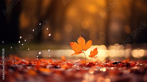  close up maple leaves on ground with sunlight and bokeh, peaceful Autumn and fall season foliage wallpaper background, Generative Ai